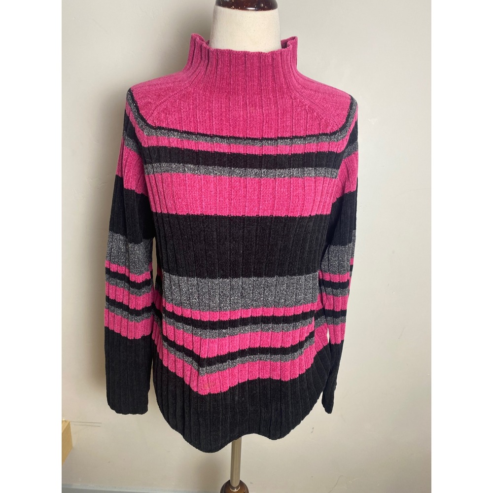 Karen Scott Vintage 90s Chenille Mock Neck Sweater Pink Black Silver Striped PS